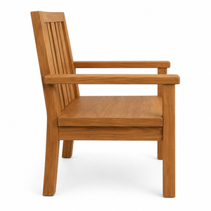 Fauteuil de jardin scandinave en teck massif avec dossier à larges lattes verticales, pieds sabre, confortable, écologique et durable - Product Image 2