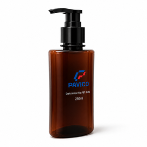 Botella de PET Ámbar de 250 ml con Logotipo Personalizado, Botella Plana para Champú con Bomba, Botella para Loción Corporal, Fábrica en Vietnam - Product Image 3