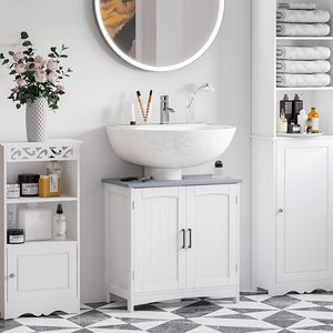 Mobile Bagno Moderno Bianco in Legno Massello con Doppia Anta e Ripiani Regolabili da Terra - Product Image 2