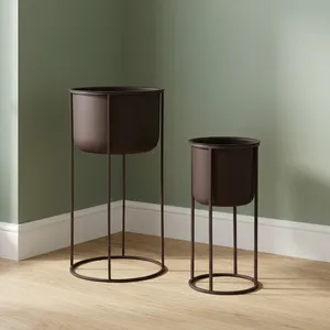 Macetas Modernas de Metal Bronce Oscuro con Soporte Circular Alto de Hierro, Porta Macetas Minimalistas para Interiores, Exteriores y Jardín - Product Image 3