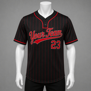 Maillot de baseball personnalisé en gros, noir et rouge rayé, col en V, manches courtes, anti-humidité, 100 % polyester, uniformes d'équipe pour hommes - Product Image 1