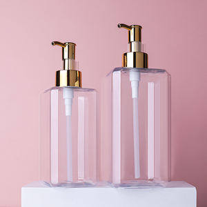 卸売 ラグジュアリー 透明 300ml 500ml PET角型プラスチックシャンプーボトル ゴールドポンプ付き - Product Image 1