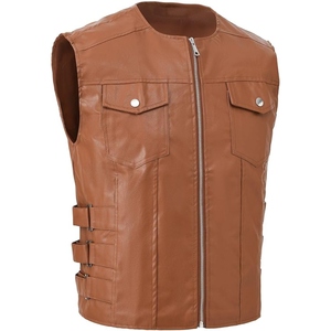 Custom <b>Men's</b> Tan Genuine Cowhide <b>Leather</b> Motorcycle <b>Vest</b> Collarless Round Neck Biker Riding Club <b>Vest</b> with Side Straps - Product Image 1