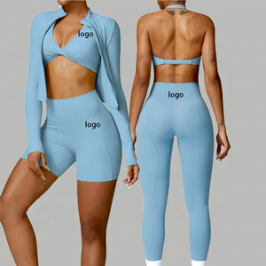 Women's Light Blue 2 Piece Yoga Set Racerback <b>Crop</b> Top High Waist <b>Leggings</b> Seamless Stretch Sportwear - Product Image 1