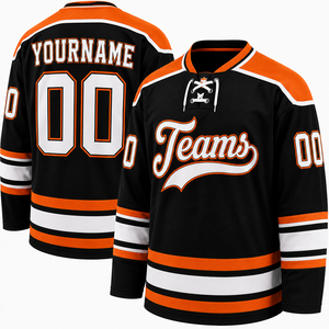Camiseta de Hockey sobre Hielo Personalizada, Uniforme de Equipo Negro, Naranja y Blanco, Camiseta Deportiva de Manga Larga con Cuello en V, Diseño con Nombre y Número, Rayas, Venta al Por Mayor - Product Image 5