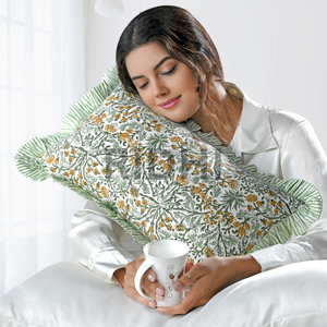 Funda de Almohada Lumbar RIDHI 12x20 con Estampado Floral de Color Amarillo Dorado, Impresión a Mano en Algodón, Personalizable, Extraíble, Lavable, Decorativa - Product Image 1