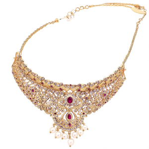 18K Gold Matte Choker with <b>Ruby</b> Floral Design Trendy Diamond Pearl <b>Necklace</b> - Product Image 2