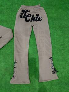 Pantalon de survêtement évasé pour femme, 100% coton, broderie vieillie, couleur unie, confortable, avec logo personnalisé, vente en gros - Product Image 4