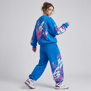 Ensemble de survêtement pour femmes, bleu, motif floral graffiti, sweat-shirt oversize, pantalon large, streetwear, mode décontractée, tenue en deux pièces - Product Image 1