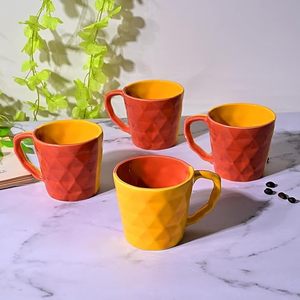 Set of 2 Red & Yellow Diamond Pattern <b>Ceramic</b> Tea <b>Cups</b> - Product Image 2