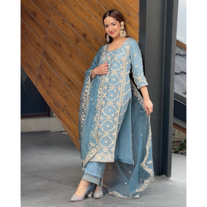 Conjunto de Top de Georgette, Pantalones Palazzo y Dupatta para Mujer, Diseño Elegante para Fiestas, Estilo Faux - Product Image 1
