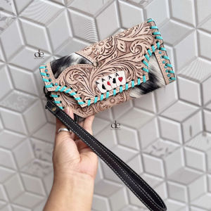 Cartera de mano de cuero de piel de vaca de diseñador, billetera tallada a mano, tarjetas de crédito de cuero de Color turquesa Vintage, regalos en efectivo - Product Image 1