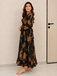 Vestido Western de Mujer con Estampado Floral, Color Marrón, Manga Larga, Escote Corazón, Cinturón con Lazo, Dobladillo con Volantes, Ropa Casual para Fiesta - Product Image 3