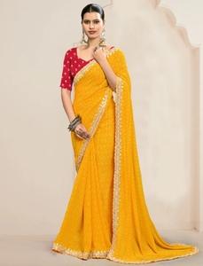 KV Women's Embroidered Reversible Wrinkle-Free Autumn Bollywood Georgette Printed <b>Saree</b> with Unstitched Blouse (<b>Yellow</b>) - Product Image 4