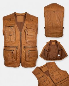 Chaleco Utilitario de Cuero Desgastado Color Bronceado para Hombre, Chaleco de Cuero Vacuno Vintage con Múltiples Bolsillos, Estilo Motero y de Viaje - Product Image 5