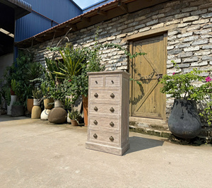 Commode rustique antique en bois massif noyer, 5 tiroirs, taille Queen, Song Kon, ensemble de meubles de chambre à coucher - Product Image 1