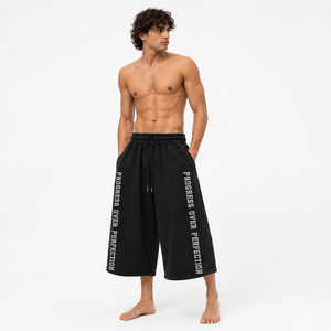 Drawstring Waist Oversize Knee Length <b>Shorts</b> <b>Men</b> Distressed Embroidery Fleece <b>Long</b> <b>Shorts</b> French Terry 450 GSM <b>Short</b> Sweatpants - Product Image 4
