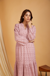 Mauve Eyelet Embroidered Maxi <b>Dress</b> <b>Long</b> Puff Sleeve Smocked Waist Tiered Hem Woven Cotton Prairie Chic Casual Midi <b>Dress</b> - Product Image 5