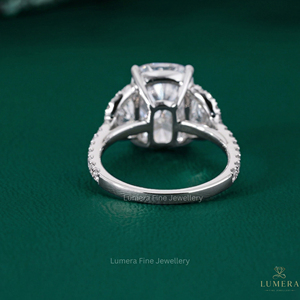 Luxury <b>Cushion</b> Cut Moissanite Engagement Ring with Half Moon Side Stones 925 Sterling Silver Three Stone Bridal Ring - Product Image 5