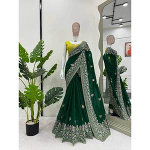 ATTRACTIVE GEORGETTE FIL TRAVAIL SAREE AVEC BLOUSE NON COUCHÉE VERT - Product Image 1
