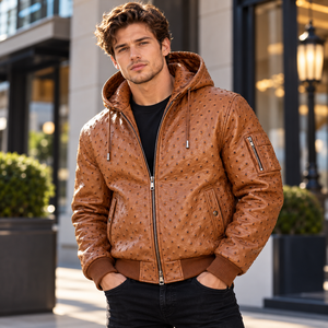 Blouson Bomber Hiver Homme en Cuir de Vachette Marron Respirant avec Fermeture Éclair et Capuche – Vêtement d'extérieur Premium Exotique Décontracté Style Motard - Product Image 4
