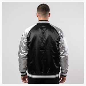 Blouson universitaire pour homme noir et argenté avec lettrage brodé, col montant, décontracté, pour l'hiver, en toile unie, fermeture éclair frontale, style urbain - Product Image 3