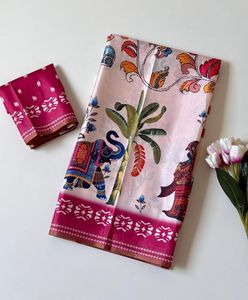 Soft <b>Silk</b> <b>Fabric</b> With Arrow Weaving Border And Beautiful Kalamkari Digital Print And Contrast Running Blouse - Product Image 1