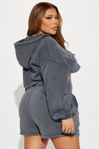 Women's Oversized <b>Cropped</b> <b>Zip</b>-<b>up</b> Hoodie Washed Solid Gray 100% Cotton 450GSM Knitted Sweatshirt Shorts Autumn Wear - Product Image 5