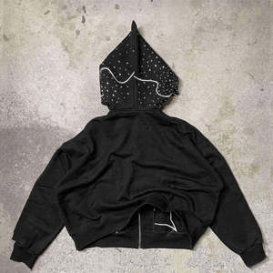 Sweat-shirt à capuche oversize en molleton pour homme, noir et blanc, avec logo EB appliqué, style streetwear, fermeture éclair sur le devant, pour l'automne - Product Image 2