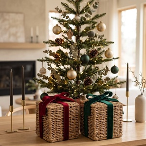 Christmas Square Seagrass Gift Basket <b>with</b> <b>Lid</b> Velvet Ribbon Woven Storage <b>Box</b> High Quality Home Decoration - Product Image 2