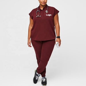 Ensemble de blouses médicales pour femmes, couleur bordeaux, en coton et polyester tricoté, uniformes d'hôpital, pantalon et haut avec logo personnalisé - Product Image 1