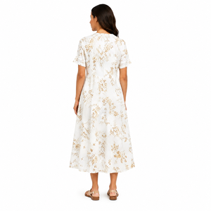 Robe midi pour femme en mousseline de coton à imprimé floral blanc, manches courtes, col en V, coupe ample, décontractée, été, avec poches - Product Image 6