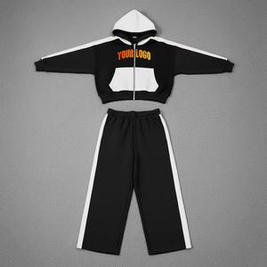 Ensemble de survêtement unisexe en molleton épais noir uni avec capuche et pantalon de jogging à rayures blanches, logo personnalisé, deux pièces, pour l'hiver, décontracté - Product Image 5