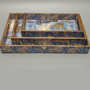 Blue Geometric Enamel Food-Safe Serving Tray Set of 3 Modern Luxury MDF & <b>Paper</b> Nesting Trays for <b>Kitchen</b> Dining Home Decor - Product Image 5