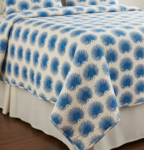 Traditional Cotton Kantha Quilt Hand Printed Blue Palm Pattern White Bedcover All Season Home Use - Product Image 2