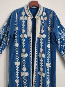 Chaqueta Larga Bohemia Azul de Terciopelo de Algodón Bordada con Diseño Floral, Manga Larga, Cuello Alto, Ropa de Abrigo Otoñal para Mujer - Product Image 6