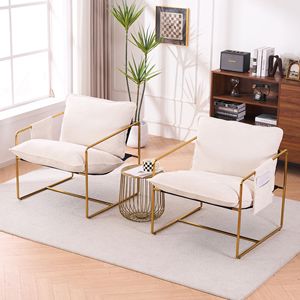 Beige <span class=keywords><strong>Set</strong></span> kotak 2 kursi, kerangka logam berlapis emas, bantal busa hancur lapisan kain, lengan gantung kantong ruang tamu - Product Image 4
