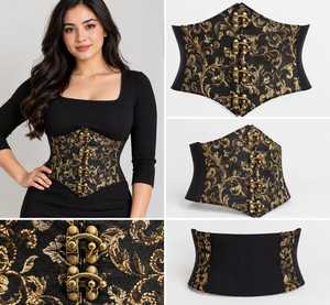 Fajas Reductoras de Cintura para Mujer, Color Negro con Brocado Dorado, Alta Compresión, Control Medio, Acolchado en Glúteos, para Bodas - Product Image 2