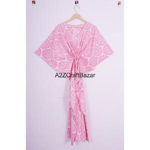 Hermoso Vestido Kaftán Largo Indio Estilo Hippie para Mujer, Estampado a Bloques, Algodón Lavable, Cintura Natural, Ropa de Dormir - Product Image 1
