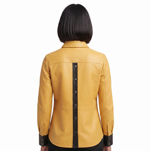 Chemise en cuir boutonnée tendance pour femme, chemise en cuir à col rabattu pour filles, chemise en cuir pour femme avec poches avant - Product Image 2