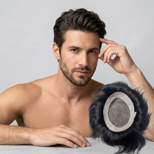 Black Straight Human Hair <b>Half</b> <b>Wig</b> Easy Apply Mono Cap Toupee - Product Image 1