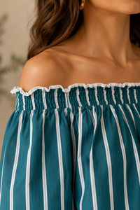 Women's Teal Blue Striped Two-Piece <b>Set</b> with Off-Shoulder Top and Matching Shorts - Product Image 2
