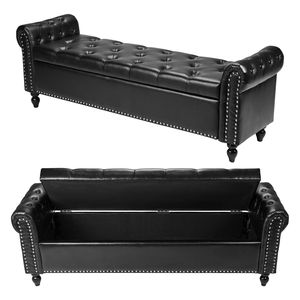 Panca contenitore moderna con bottoni trapuntati e braccioli arrotolati in pelle PU, gambe in legno massello, ideale per ingresso o come panca porta scarpe per la casa - Product Image 1