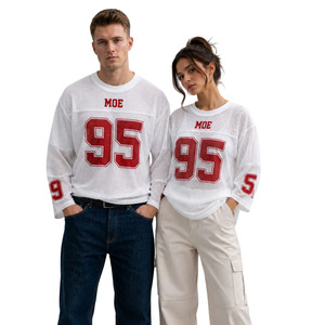 Camiseta Clásica de Fútbol Americano Personalizada, Manga Larga, Blanca, Transparente, de Malla, Unisex, Hombros Caídos, Corte Holgado, Estilo Retro Varsity - Product Image 1