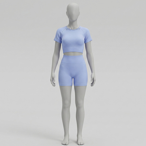 Conjunto Deportivo de 2 Piezas para Mujer, Top Corto sin Mangas, Pantalones Cortos de Cintura Alta, Color Azul Claro Sólido, Tejido de Poliéster/Algodón Transpirable con Cierre - Product Image 3