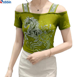 T-shirt court personnalisé pour femme, coupe ajustée, à épaules dénudées, avec strass et imprimé cheval, col carré, manches courtes, printemps-été - Product Image 6