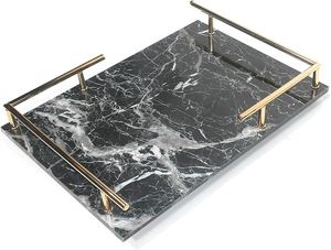 Wholesale Luxury Rectangular <b>Black</b> Marble Dining <b>Tray</b> Bulk Gold Handles Hotel Restaurant Serving Platter Elegant Tableware - Product Image 2