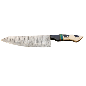 Couteau de chef à motif Damas argenté avec manche géométrique noir et crème, accent rayé multicolore, lame fixe, couteau de cuisine pour trancher - Product Image 1