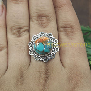 Natural Orange Blue Copper Turquoise 925 Sterling <b>Silver</b> Handmade Vintage Floral <b>Statement</b> <b>Ring</b> Boho Artisan Jewelry Gift women - Product Image 4