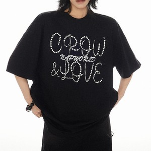 T-shirt d'été en coton épais avec lettres en strass et perles pour homme, col rond, coupe ample, manches courtes - Product Image 2